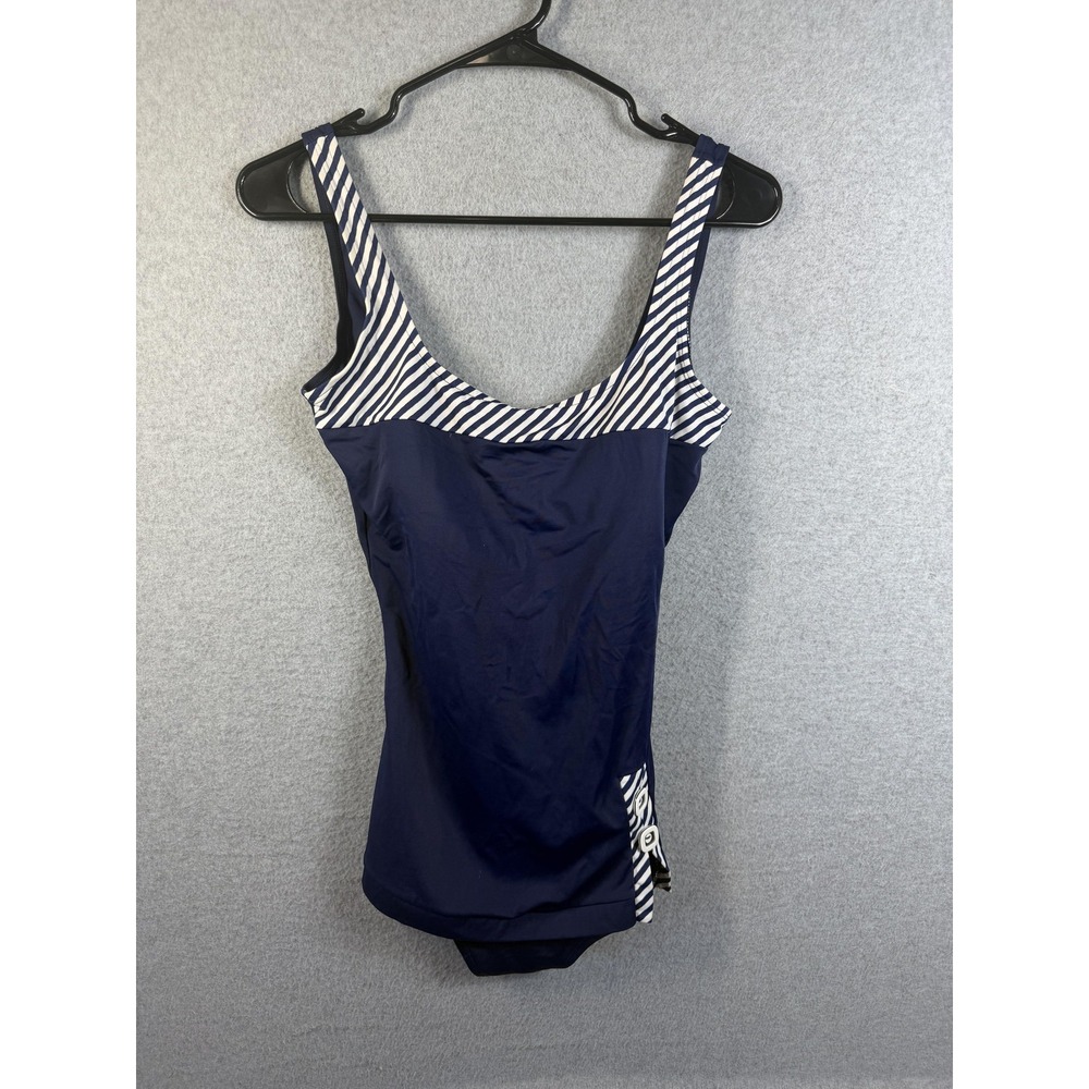 Marina West Swimsuit Womens 12 Blue One Piece Striped Nautical Tank Lined Trim